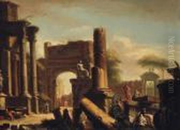 Figures Amongst Classical Ruins Oil Painting by Giovanni Niccolo Servandoni