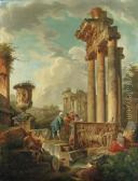 Capricci Of Roman Ruins With Figures Oil Painting by Giovanni Niccolo Servandoni