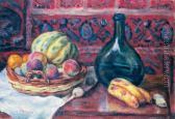 Brzoskwinie, Melon, Banany; [martwa Natura Z Zielona Butla], 1924 R. Oil Painting by Jozef Pankiewicz