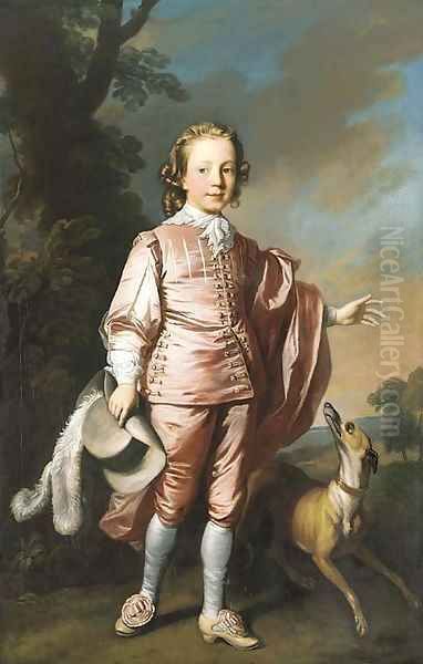 Portrait of John Prideaux Basset (1740-1756), full-length, in pink van Dyck dress, a whippet at his side, in a wooded landscape Oil Painting by Allan Ramsay