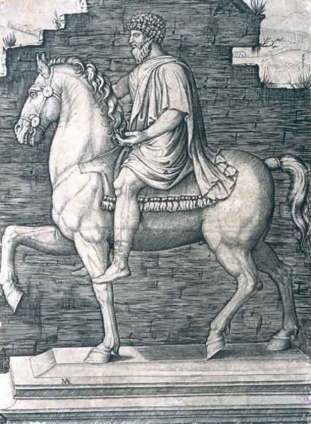 Equestrian Statue of Marcus Aurelius 121-180 AD Oil Painting by Marcantonio Raimondi