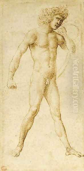 A standing nude holding a veil Oil Painting by Marcantonio Raimondi