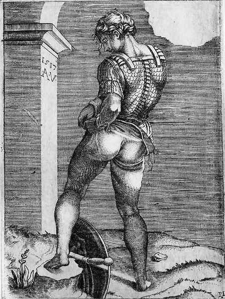 Soldier attaching his Breeches to his Breastplate, after Michelangelo Oil Painting by Marcantonio Raimondi