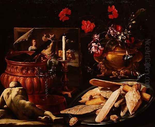 Still Life with Flowers in a Gilt Urn, a Painting and Cakes on a Salver Oil Painting by Giuseppe Recco