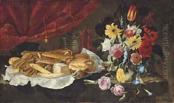 Roses, carnations, tulips and other flowers in a glass vase, with pastries and sweetmeats on a pewter platter, on a stone ledge Oil Painting by Giuseppe Recco