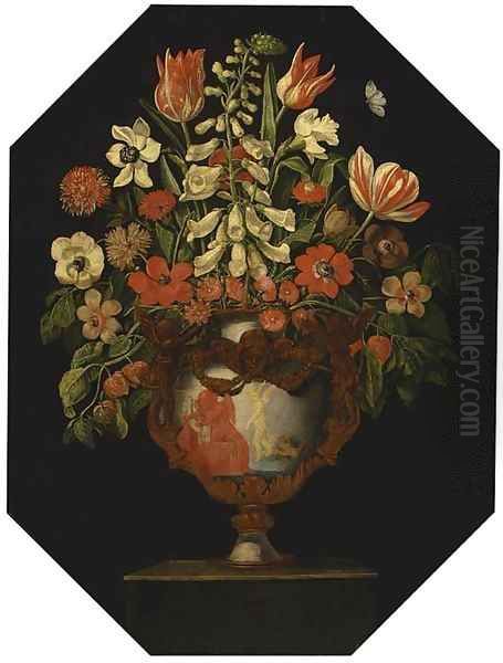 A foxglove, parrott tulips, poppies, daffodils, chrysanthemums and anemonies in an ormolu-mounted urn on a pedestal, with a butterfly Oil Painting by Giuseppe Recco