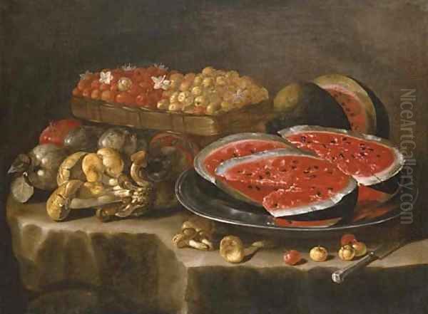 A still life of watermelon on a silver charger, berries in a basket, and a pomegranate, quinces and mushrooms on a stone ledge Oil Painting by Giuseppe Recco