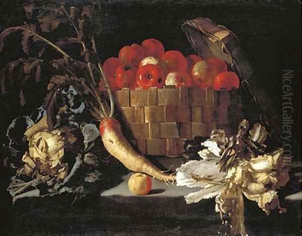 Apples in a wicker basket, with a cabbage, parsnip, lettuce and an apple on a stone ledge Oil Painting by Giuseppe Recco