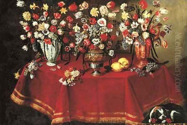 Arrangements of flower bouquets in a majolica vase, a sculpted pewter and bronze urn and a ceramic ewer on a draped octagonal table Oil Painting by Giuseppe Recco