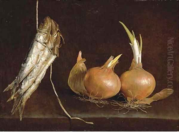 Sardines suspended from twine and onions on a stone ledge Oil Painting by Giuseppe Recco