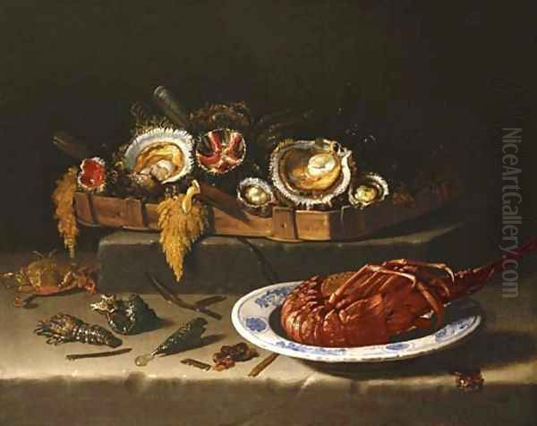 Shellfish in a basket, a lobster in a bowl and shells, a crayfish and a crab on a stone ledge Oil Painting by Giuseppe Recco