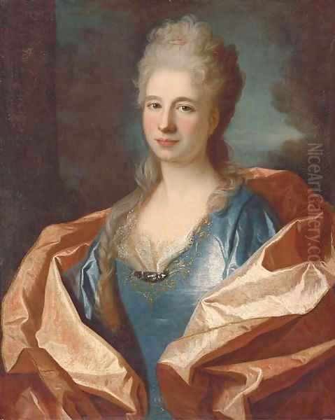 Portrait of a lady, bust-length, in a blue silk dress trimmed with lace and embroidered with gold thread and with a pink silk shawl Oil Painting by Jean Ranc