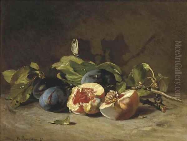 Prunes and a peach Oil Painting by Philippe Rousseau