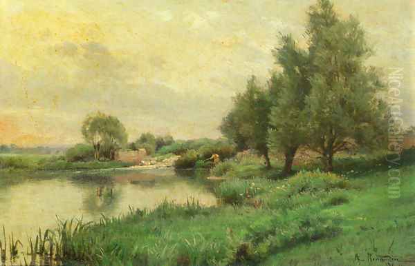 Pecheur au bord de la riviere (Fisher by the river) Oil Painting by Alfred Renaudin