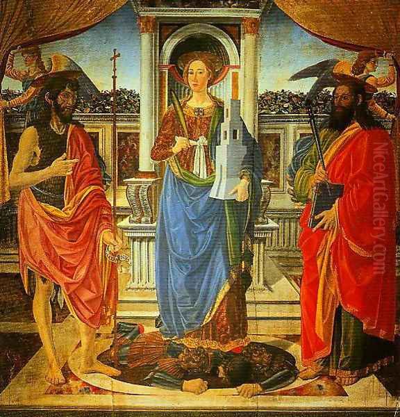 St Barbara between SS John the Bapist and Matthew Oil Painting by Cosimo Rosselli