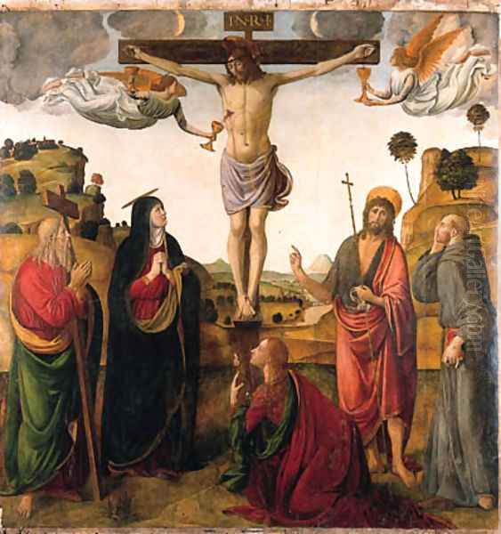 The Crucifixion with the Madonna, Saints John the Baptist, Mary Magdalen, Andrew and Francis Oil Painting by Cosimo Rosselli