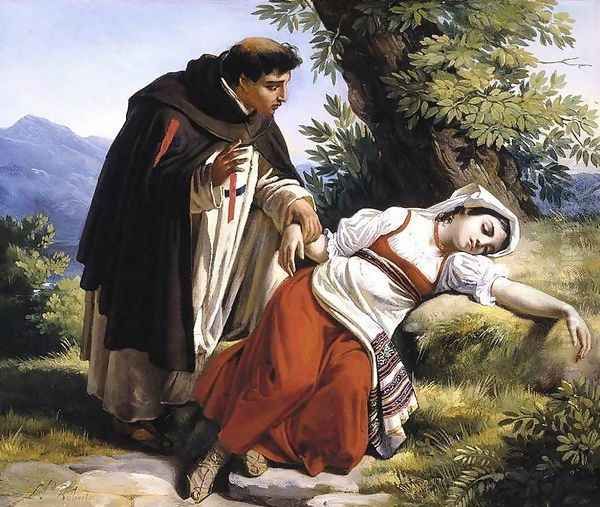 Young Monk Waking a Roman Peasant Girl Oil Painting by Louis-Leopold Robert