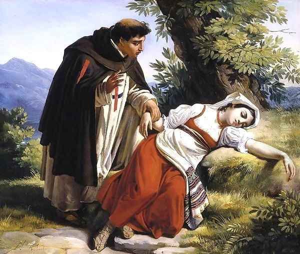 Young Monk Waking a Roman Peasant Girl 2 Oil Painting by Louis-Leopold Robert