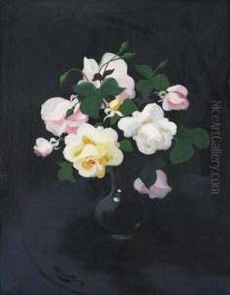 Still Life Of Yellow And Pink Roses Oil Painting by James Stuart Park