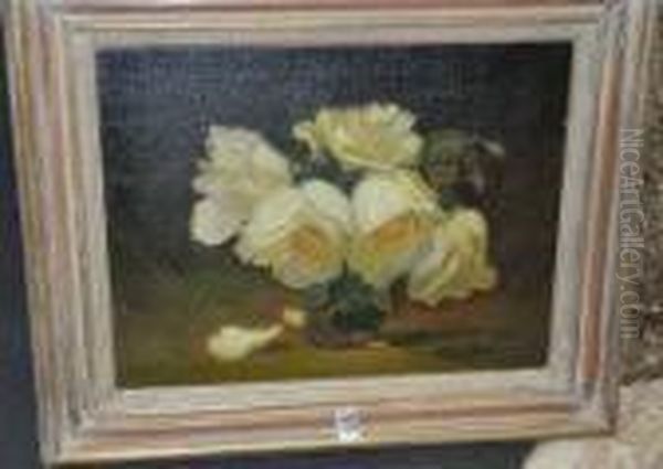 Still Life Of White Roses In A Glass Vase Oil Painting by James Stuart Park