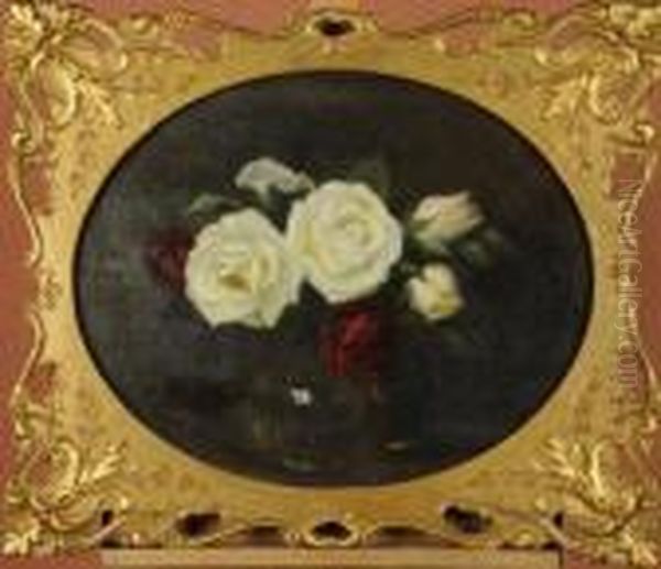 Still Life Of Red And White Roses, Held Ina Spherical Glass Vase Oil Painting by James Stuart Park