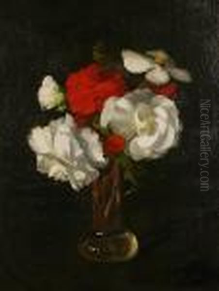 Red And White Flowers In A Glass Vase Oil Painting by James Stuart Park