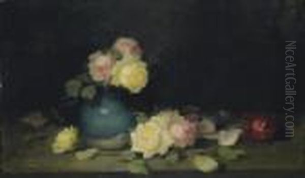 Pink And Yellow Roses In A Green Vase Oil Painting by James Stuart Park