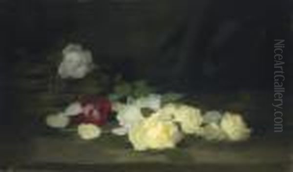 Yellow, White And Red Roses By A Basket Oil Painting by James Stuart Park