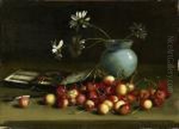 Cherries, Paintbox And Daisies Oil Painting by James Stuart Park