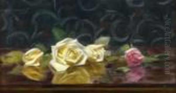 A Still Life Of Pnk And Yellow Roses Oil Painting by James Stuart Park