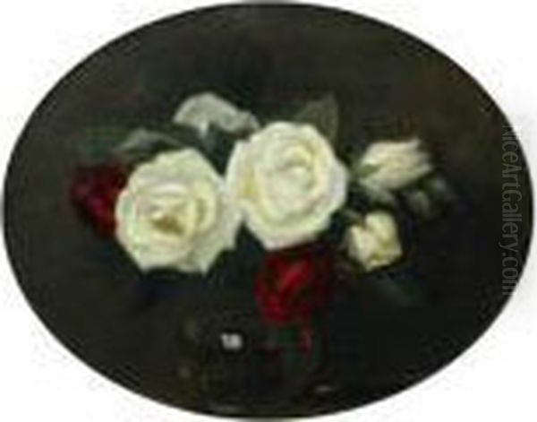 Red And White Roses In A Glass Bowl Oil Painting by James Stuart Park