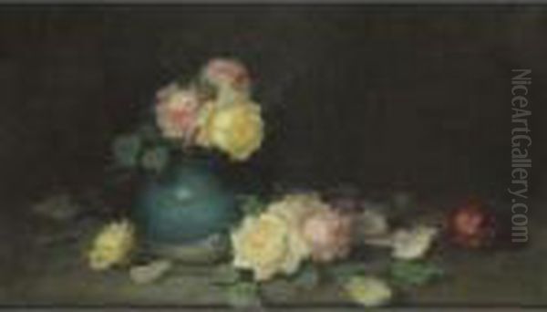 Yellow, Pink And Red Roses Oil Painting by James Stuart Park