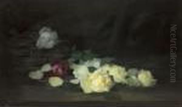 Roses With A Wicker Basket Oil Painting by James Stuart Park