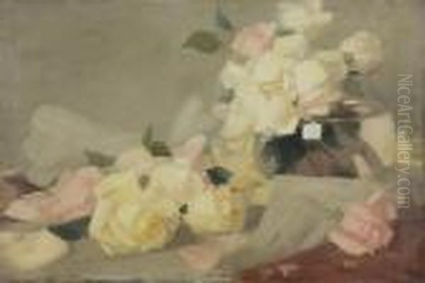 Still Life Of Pink And Lemon Roses And Glass Vase C1888 Oil Painting by James Stuart Park