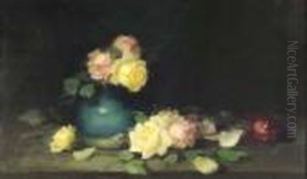 A Still Life Of Pink, Yellow And Red Roses Oil Painting by James Stuart Park