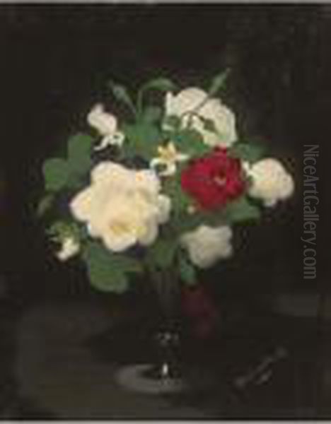 Red And White Flowers In A Glass Vase Oil Painting by James Stuart Park