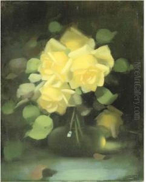 Yellow Roses In A Flask Bottle Oil Painting by James Stuart Park