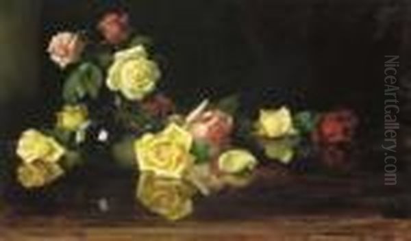 Yellow And Pink Roses Oil Painting by James Stuart Park