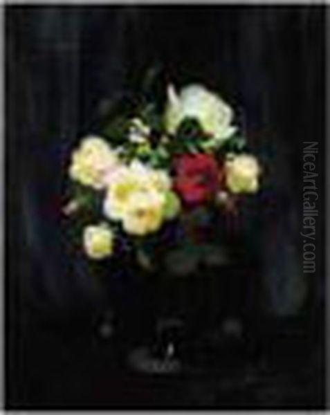 Still Life Of Roses In A Glass Vase Oil Painting by James Stuart Park