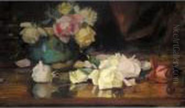 Still-life Of Roses In A Blue Vase Oil Painting by James Stuart Park