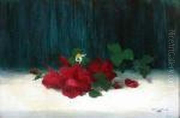 A Still Life Of Scarlet Roses Oil Painting by James Stuart Park