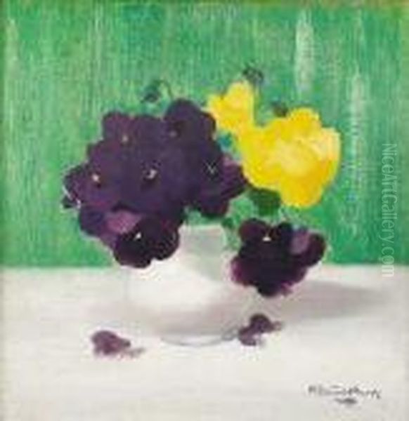 Still Life Of Purple And Yellow Pansies Oil Painting by James Stuart Park