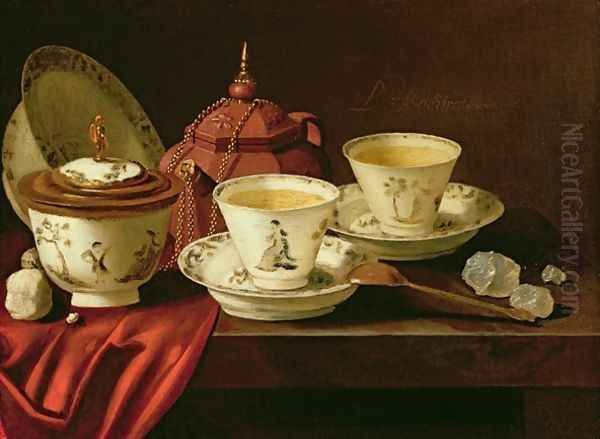 A Yixing Teapot and a Chinese Porcelain Tete-a-Tete on a Partly Draped Ledge Oil Painting by Pieter Gerritsz. van Roestraten