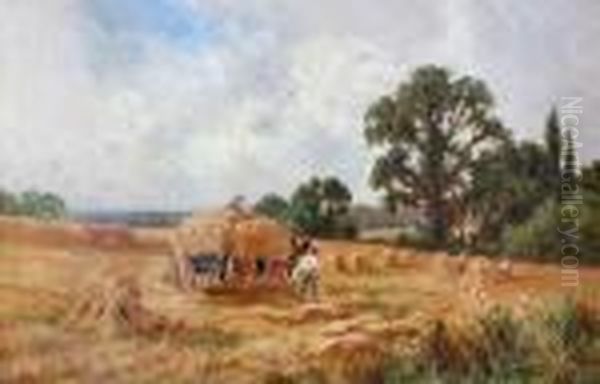 Harvest Scene With Men Loading Cornstooks On Awagon Oil Painting by Henry Hillier Parker