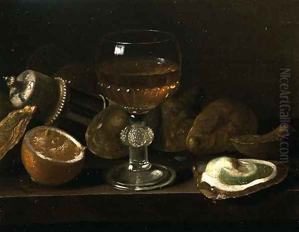 An Overturned Salt and a Wine Glass on a Ledge with Oysters and Lemons Oil Painting by Pieter Gerritsz. van Roestraten