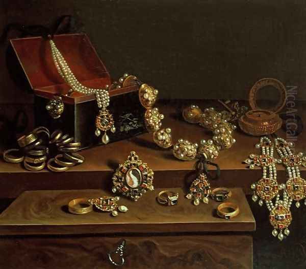 Casket of jewels on a table, principally of German Origin 1600-50 Oil Painting by Pieter Gerritsz. van Roestraten