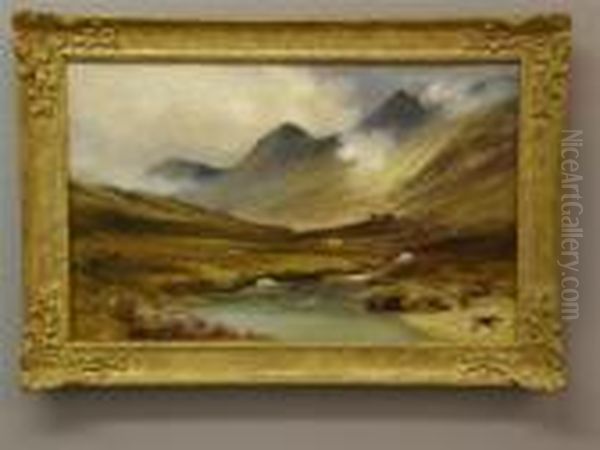 Landscape With Cattle Watering And Misty Mountains Beyond Oil Painting by Henry Hillier Parker