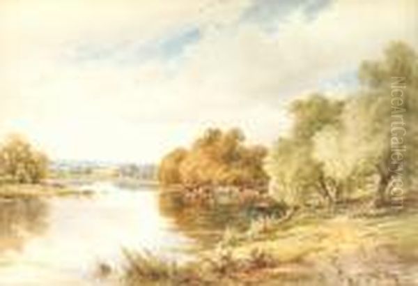 Cattle Watering By A Tranquil River Oil Painting by Henry Hillier Parker