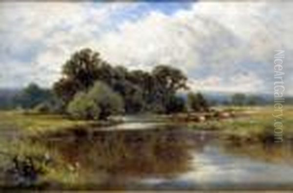 Cattle Feeding By A River Oil Painting by Henry Hillier Parker