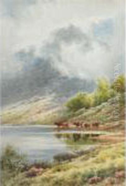 Highland Cattle At A Loch Oil Painting by Henry Hillier Parker